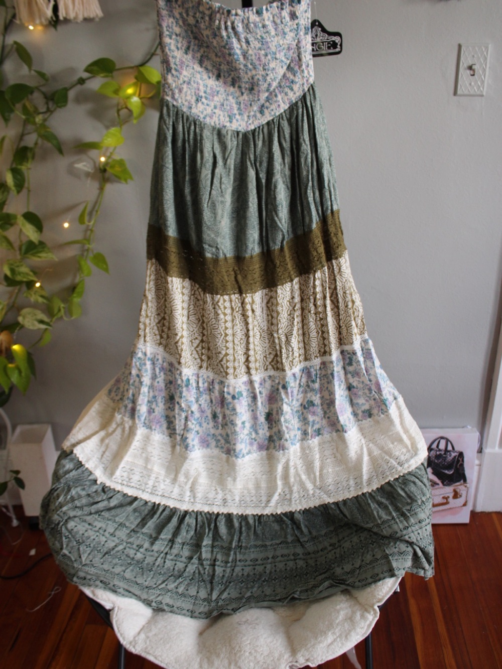 NWT Angie Boho Patchwork Tiered Maxi Dress Size S Floral Cottagecore - Picture 5 of 13